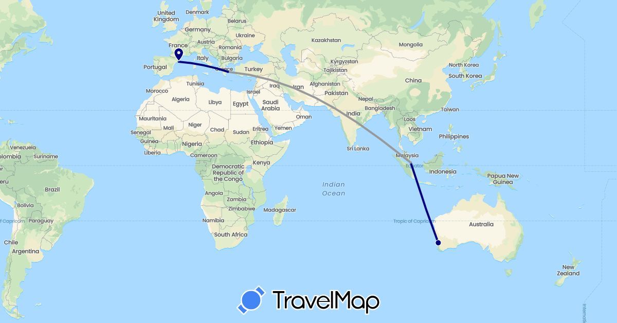 TravelMap itinerary: driving, plane in Australia, Spain, Greece, Singapore (Asia, Europe, Oceania)